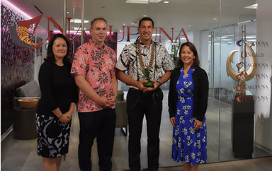 Representative Kai Kahele at the Nakupuna Offices, standing with Lindsay Ah Loo, Cariann Ah Loo, and Jason Greenawalt