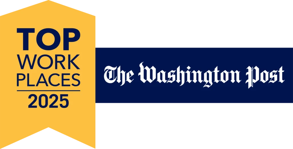 The Washington Post Top Workplaces 2025 award banner, gold and navy blue, proclaims "TOP WORK PLACES 2025," celebrating Nakupuna's fifth consecutive win as a top workplace in the DC area.
