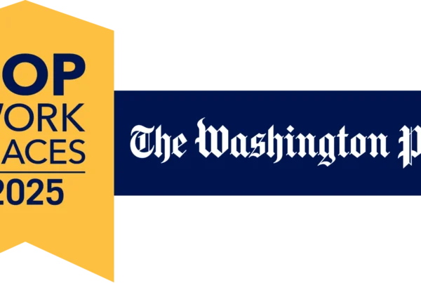 The Washington Post Top Workplaces 2025 award banner, gold and navy blue, proclaims "TOP WORK PLACES 2025," celebrating Nakupuna's fifth consecutive win as a top workplace in the DC area.