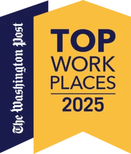 The Washington Post Top Workplaces 2025 award banner, gold and navy blue, proclaims "TOP WORK PLACES 2025," celebrating Nakupuna's fifth consecutive win as a top workplace in the DC area.