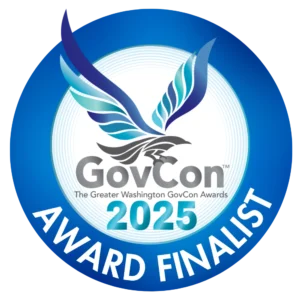 GovCon 2025 Award Finalist badge featuring a stylized eagle design in shades of blue and gray. The text "GovCon" and "Award Finalist" are prominently displayed, along with "The Greater Washington GovCon Awards 2025". Nakupuna has been selected as a finalist.