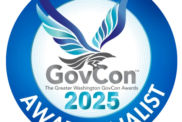 GovCon 2025 Award Finalist badge featuring a stylized eagle design in shades of blue and gray. The text "GovCon" and "Award Finalist" are prominently displayed, along with "The Greater Washington GovCon Awards 2025". Nakupuna has been selected as a finalist.
