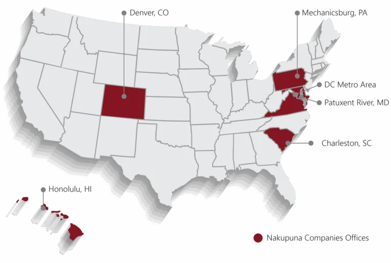 Map of Nakupuna Companies' US offices, highlighting locations in Colorado, the DC Metro Area, South Carolina, and Hawaii. The map uses a 3D effect to show the states and their relative locations.