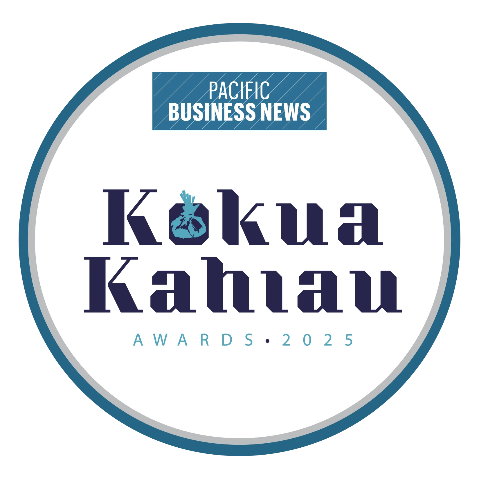 Kōkua Kahiau Awards logo from Pacific Business News, with text "Kōkua Kahiau Awards 2025" in a navy font on a white background, surrounded by a blue and grey circular border. This logo is featured on the Careers page of the Nakupuna Companies website.