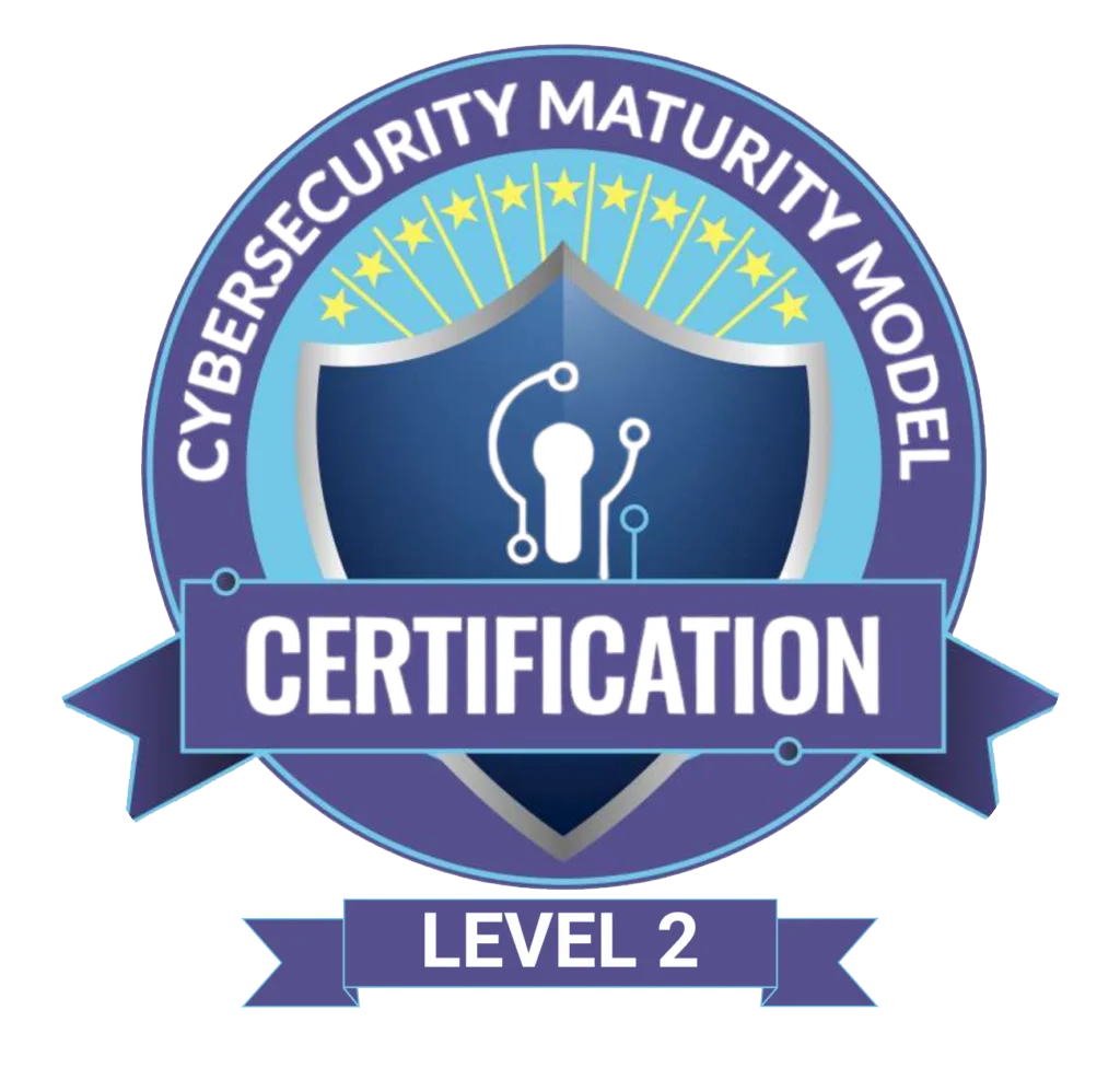 Cybersecurity Maturity Model Certification (CMMC) Level 2 logo. Shield with circuit design, surrounded by stars and text, indicating Nakupuna's commitment to government contracting partnerships and mission-focused government services. This image is featured on the Nakupuna Companies website.