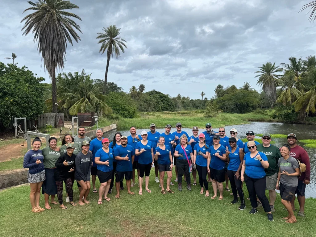 Leadership Development Program Malama Loko Ea Project Kupu Nakupuna Companies Group photo of volunteers at a tropical wetland restoration project in Hawaii. People wearing "Malama" shirts stand on a grassy bank near a waterway, with palm trees and lush greenery in the background under a cloudy sky. This image is featured on the Nakupuna Companies website.