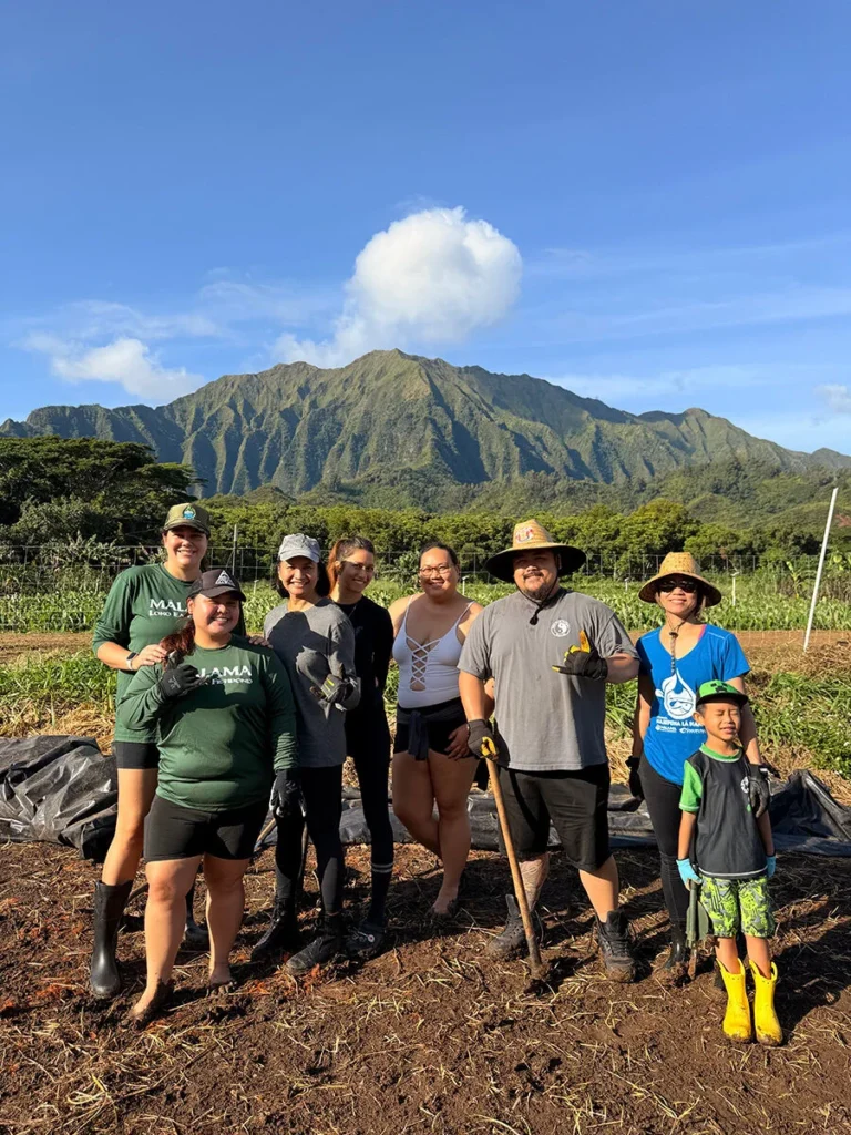 Malama Loko Ea Foundation Nakupuna Companies Most Charitable Companies Nakupuna employees volunteering with Project Kupu in Hawaii, surrounded by lush greenery and a majestic mountain backdrop. Part of Nakupuna's commitment as one of Hawaii's most charitable companies. This image is featured on the Nakupuna Companies website.