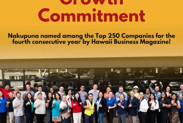 Nakupuna Companies named a Top 250 Company by Hawaii Business Magazine for the fourth consecutive year, featuring a group photo of employees in front of their building. This image is featured on the Nakupuna Companies website.