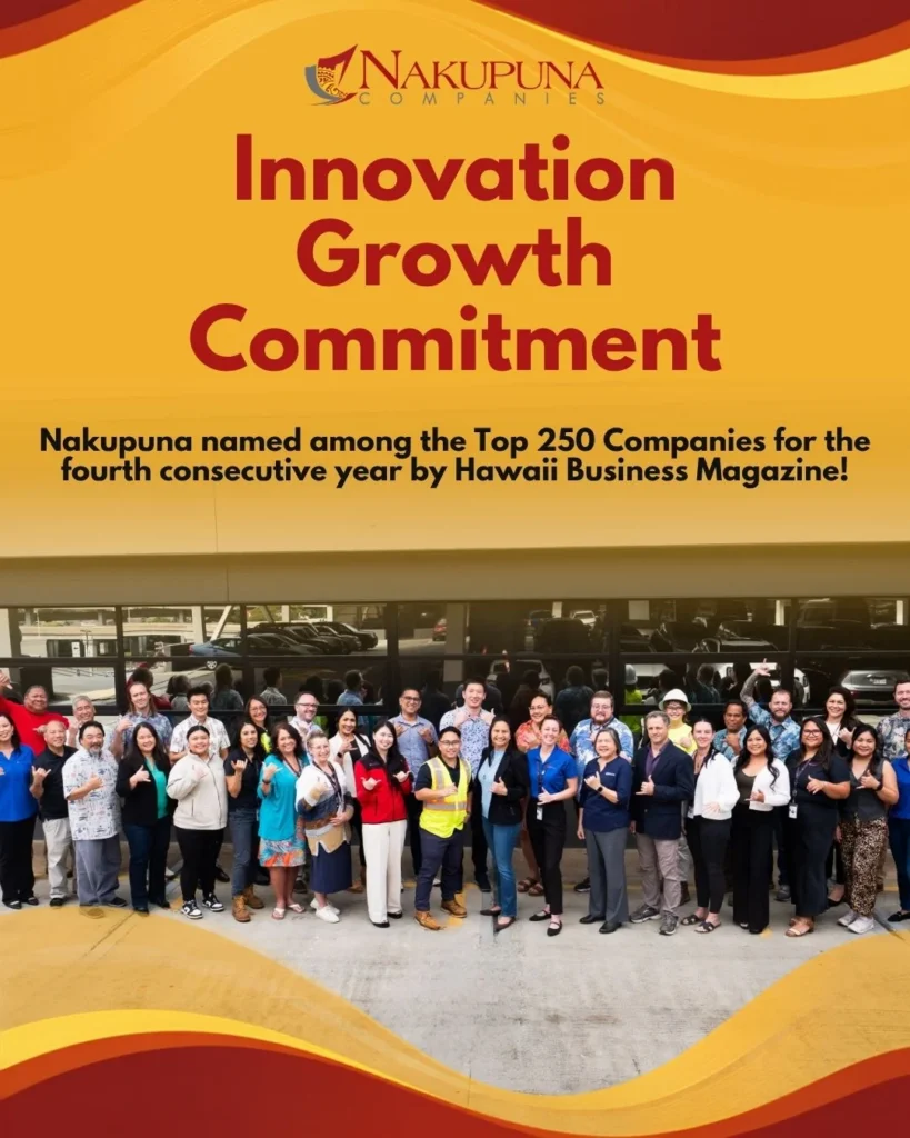 Nakupuna Companies named a Top 250 Company by Hawaii Business Magazine for the fourth consecutive year, featuring a group photo of employees in front of their building. This image is featured on the Nakupuna Companies website.