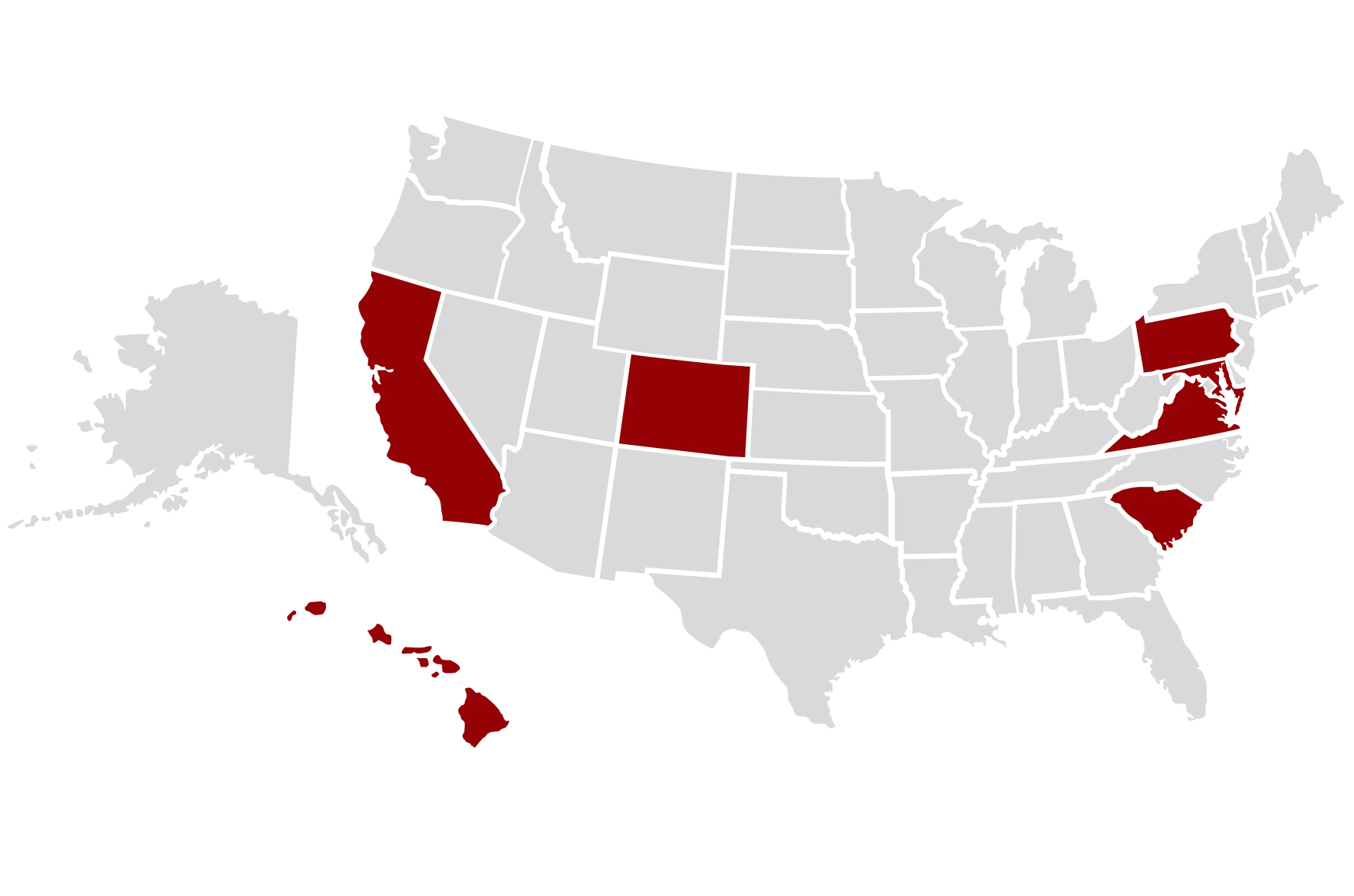 Map of the United States highlighting Nakupuna Companies' locations in California, Colorado, Hawaii, Mechanicsburg, Arlington, Pax River, and Charleston. Contact Nakupuna Companies for SBA 8(a) and NHO-owned federal contracting opportunities. This image is featured on the Nakupuna Companies website.